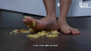 POV foot crushing and feeding you banana with honey (long toes, bare feet, foot teasing, foot feed)